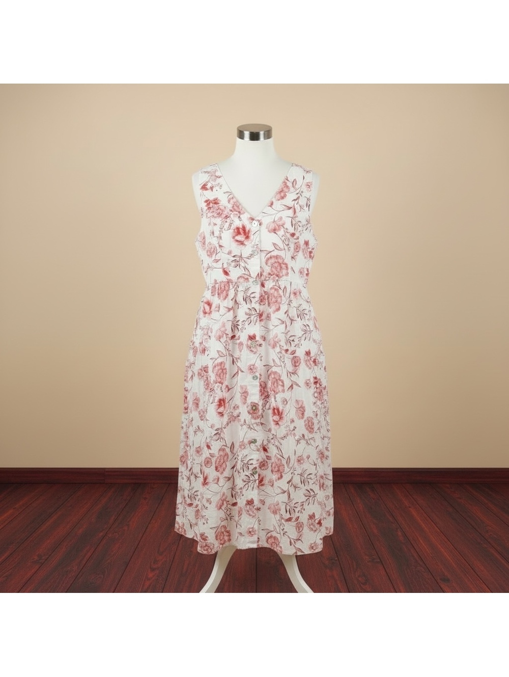 Cynthia Rowley 100% Linen Sleeveless Red/Cream Floral Midi, Size 6 - Picture 2 of 4